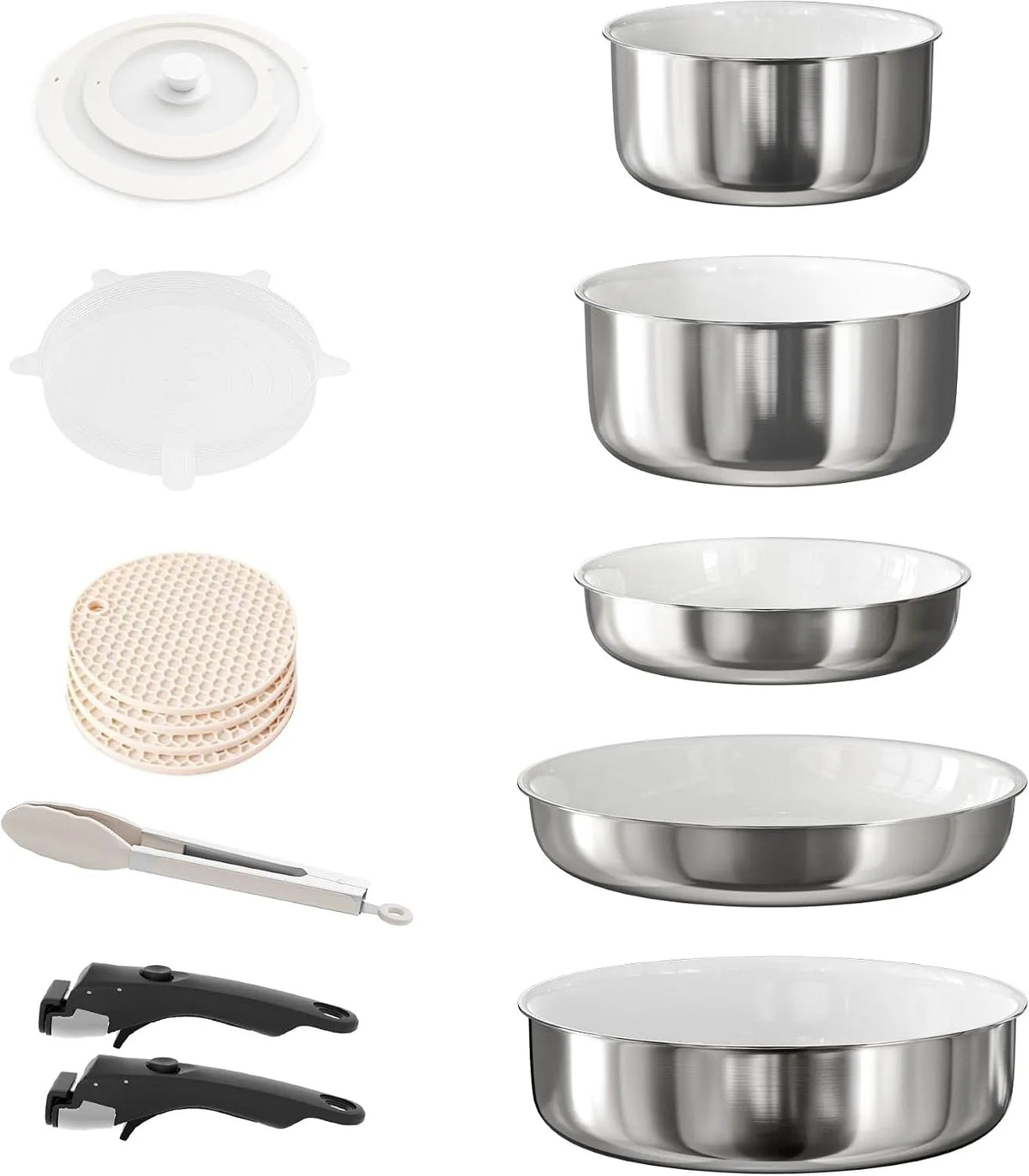Ceramica Antiaderente Impilabile Set di pentole con coperchi, Acciaio inossidabile Set di pentole e padelle Induzione con manici staccabili, Adatto ai