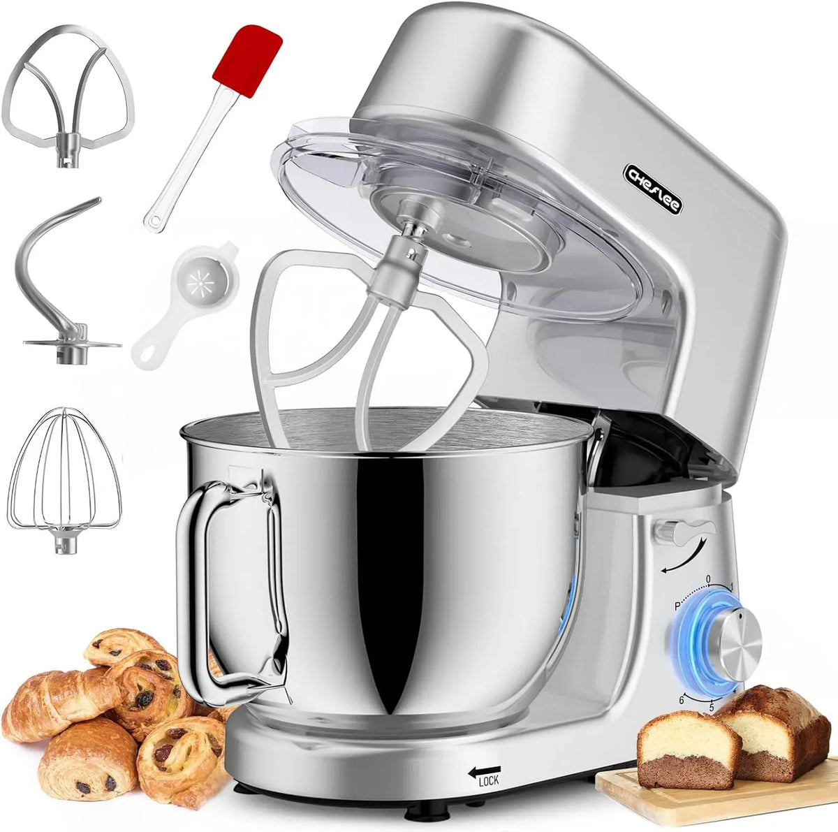con Gancio impastare, Homlee Impastatrice Planetaria, 2000 WPlanetaria Professionale 7, Ciotola in Acciaio Inox, 6 Velocità, Protezione, 7.2 L