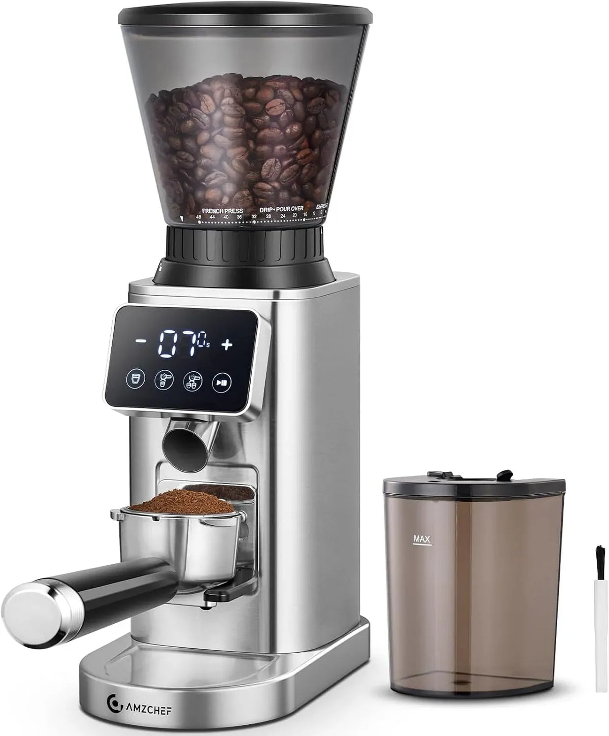 Contenitore, Filtro, macinino per chicchi di caffè, 300 g, touch, display LCD, 48 Livelli, per Espresso, AMZCHEF