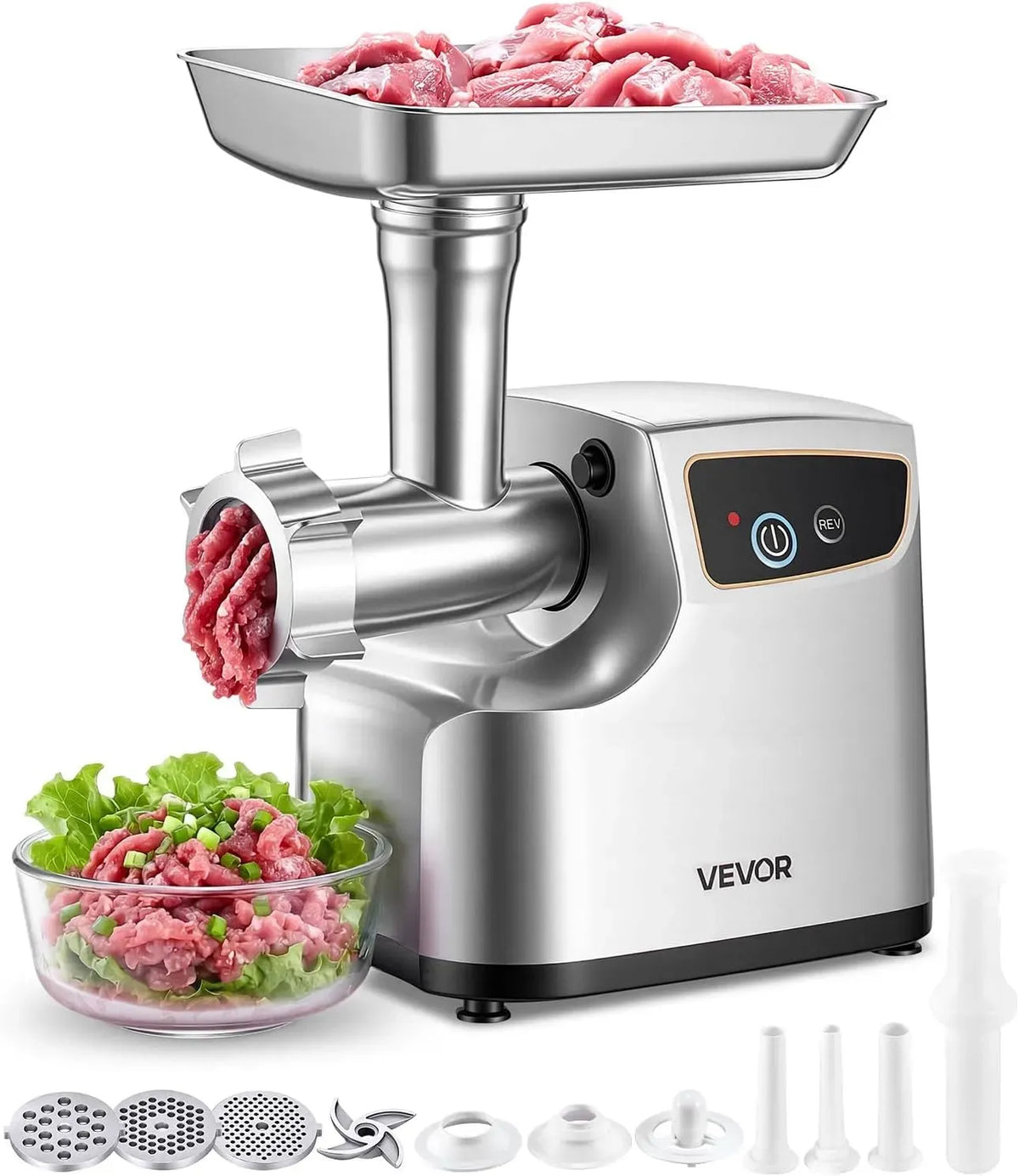 VEVOR Cucina Commerciale Ristorante Hotel, Tritacarne Elettrica 700 W da Cucina in Acciaio Inox, Tritacarne Capacità 2,3 kg/min con 3 Dischi 3 Tubi