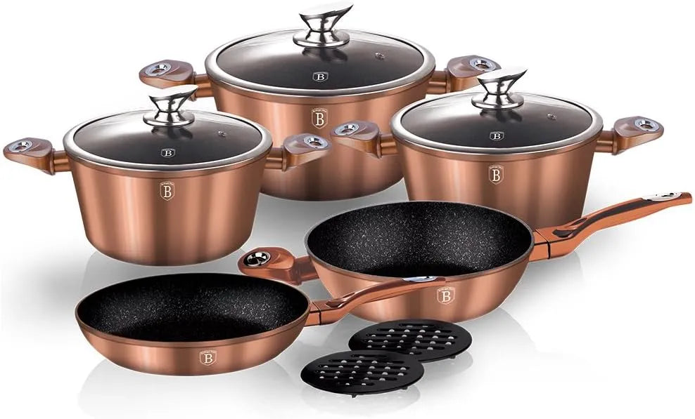 Pentola e padella 10-Piece, rivestimento antiaderente, Set 3 Casseruoli, Vetroceramica, 2 Sottopentole