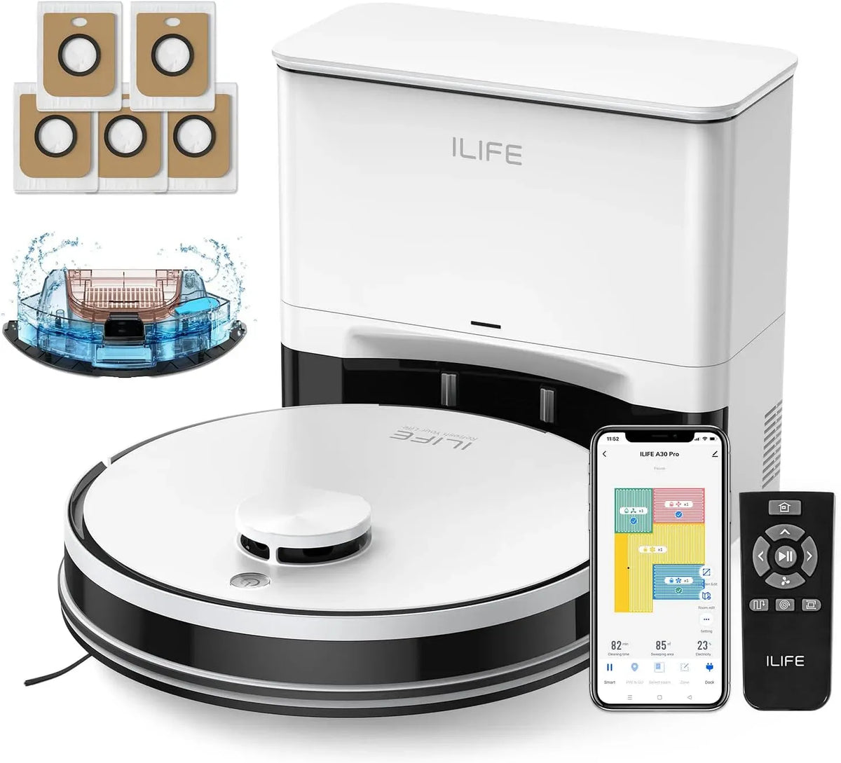 Robot aspirapolvere, ILIFE A30, Wi-Fi, WiFi/App/Alexa/Controllo Remoto, Stazione di Svuotamento Automatica per 60 Giorni, 5000 Pa di Aspirazione