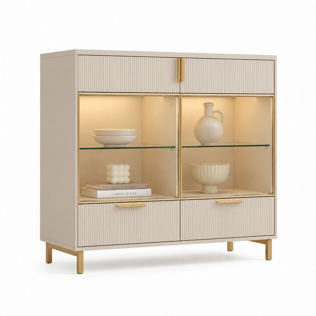 Credenza vetrina da sala da pranzo avorio in MDF e vetro temperato con dettagli oro 100 x 40 x 120 cm