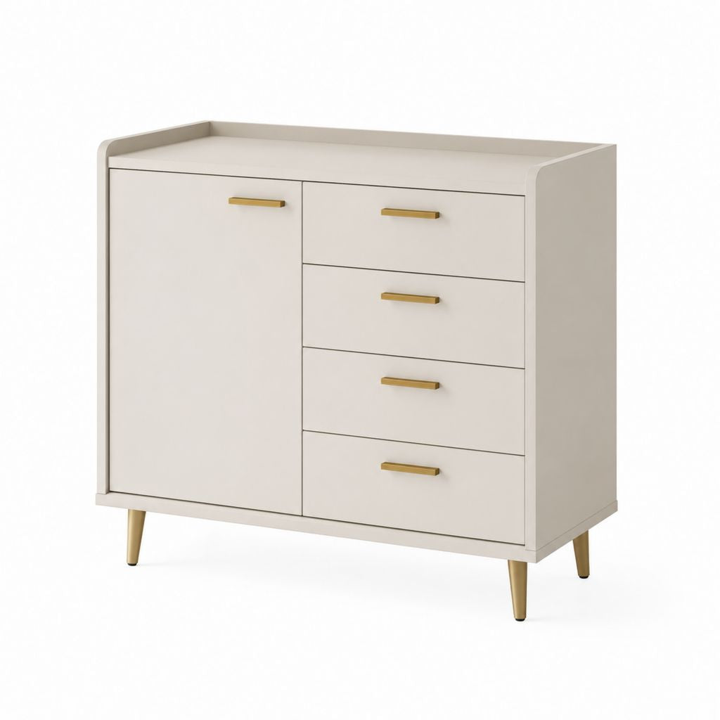 Credenza rettangolare crema in MDF con 4 cassetti e anta 120 x 40 x 95 cm