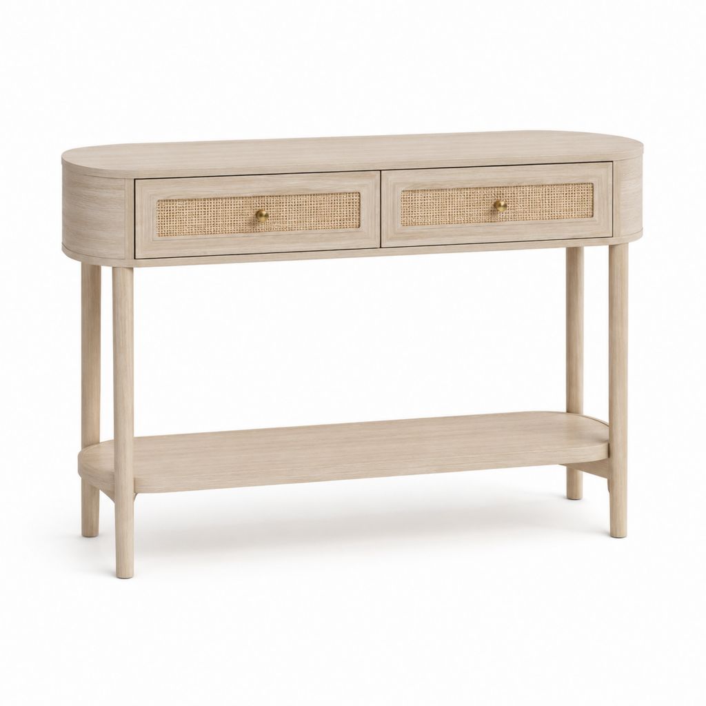 Consolle ingresso ovale beige in MDF impiallacciato rovere con 2 cassetti e ripiano 120 x 40 x 80 cm