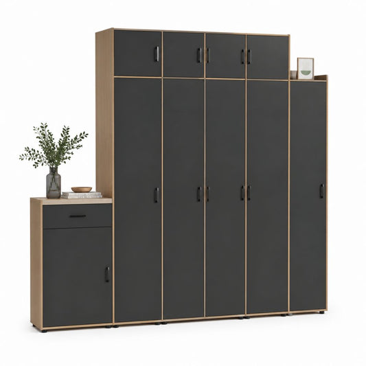 Set di 3 credenze nere e rovere in pannello truciolare 340 x 40 x 200 cm