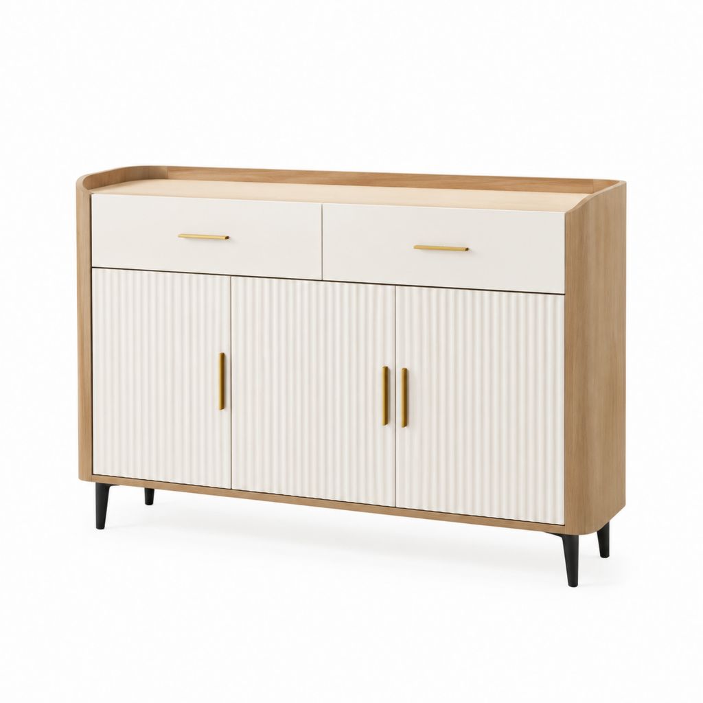Credenza da sala da pranzo 3 ante 2 cassetti bianca e rovere in MDF rettangolare 120 x 40 x 90 cm