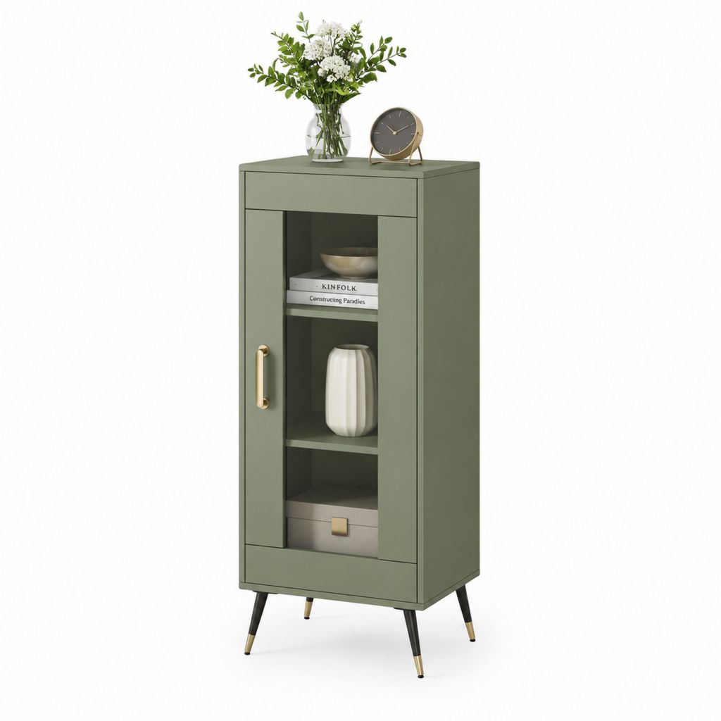 Credenza alta verde salvia in MDF con anta cassetto e ripiani 60 x 35 x 140 cm