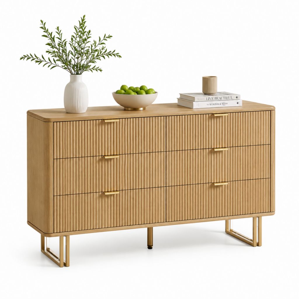 Credenza a 6 cassetti rettangolare rovere naturale in MDF 140 x 40 x 85 cm