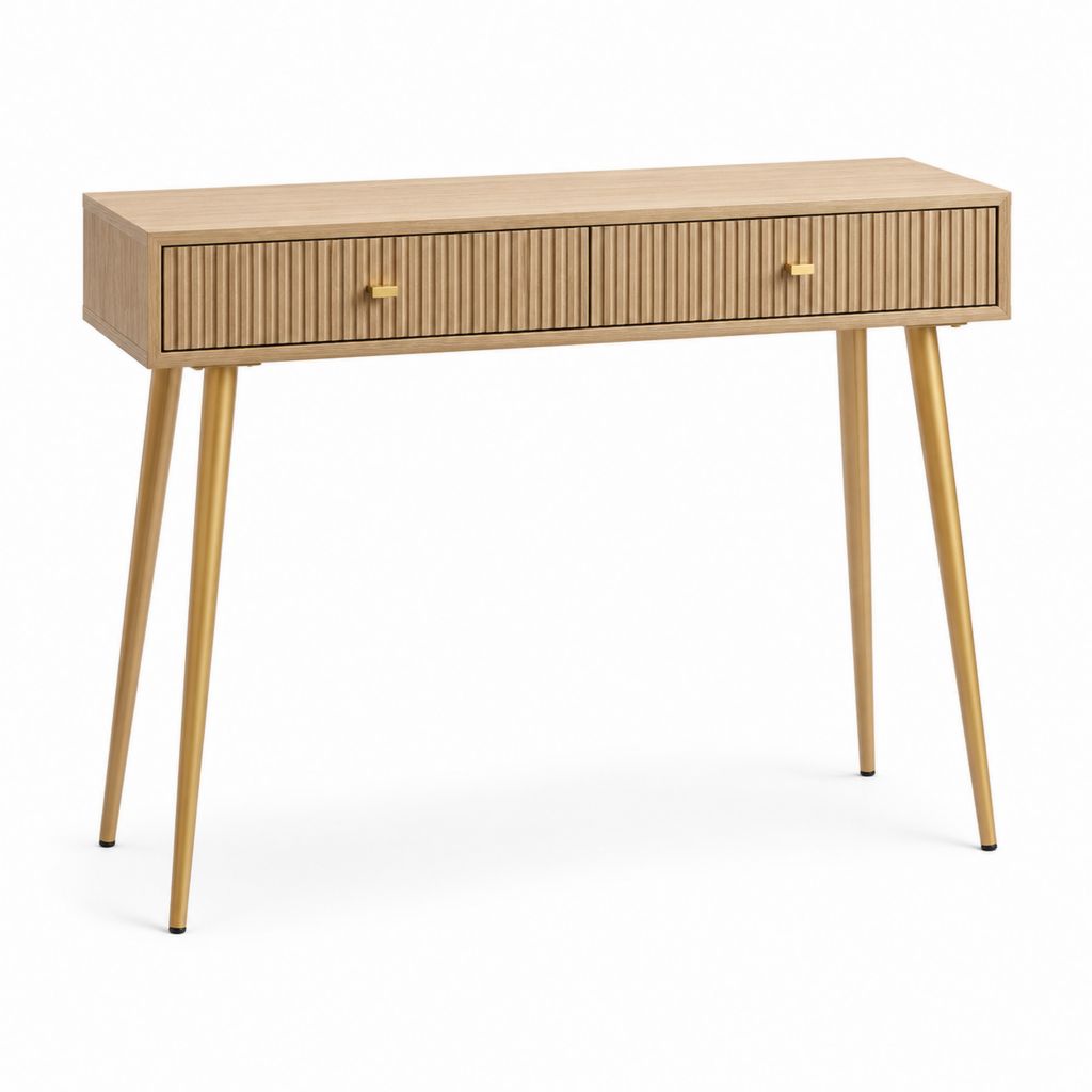 Consolle da ingresso con 2 cassetti rovere naturale e acciaio dorato rettangolare 120 x 40 x 80 cm