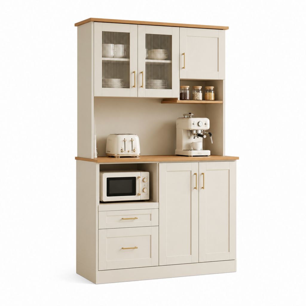 Credenza da cucina con vetrina bianco crema in pannello truciolare 120 x 40 x 180 cm