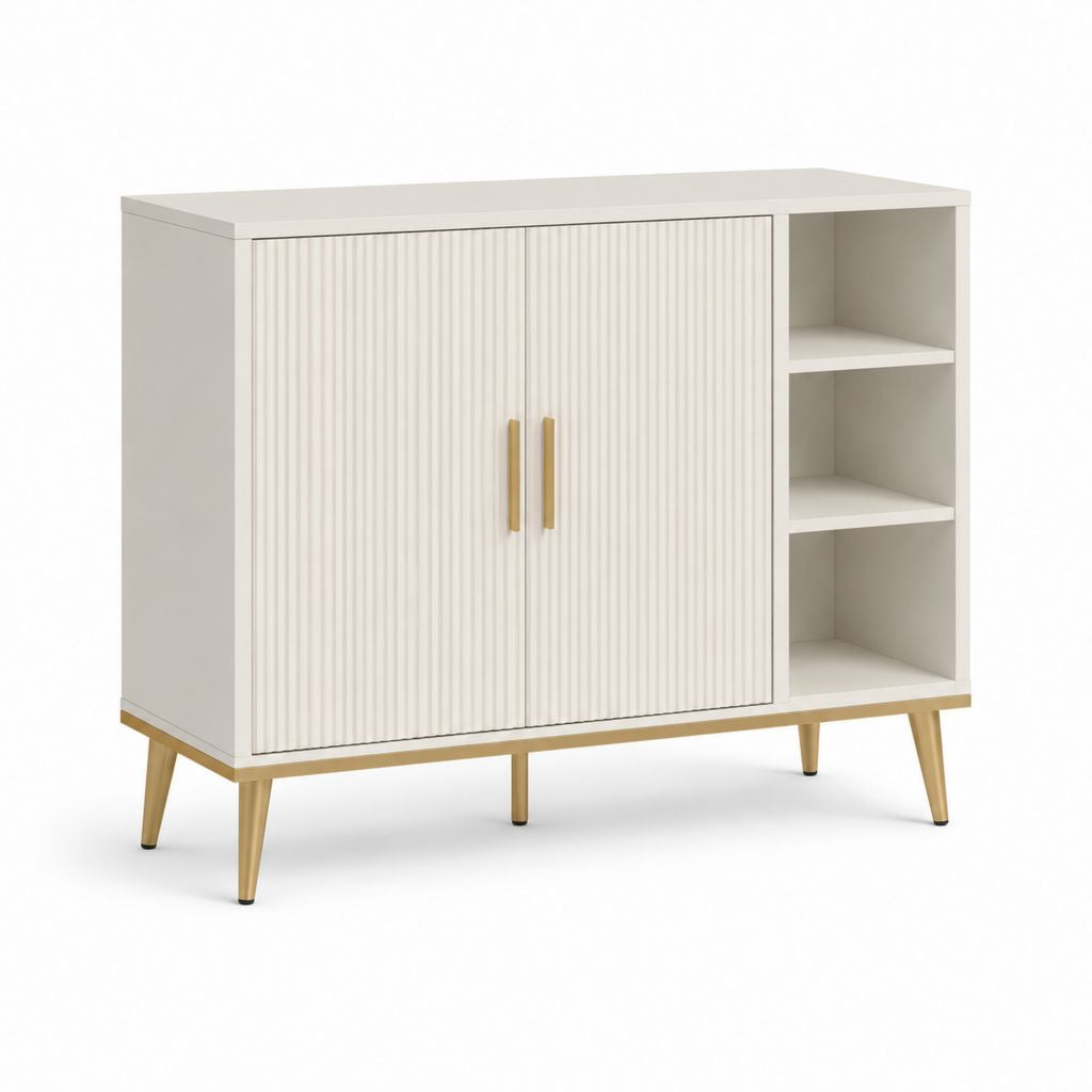 Credenza da sala da pranzo bianca in truciolare e MDF scanalato 100 x 40 x 90 cm con 2 ante e ripiani aperti