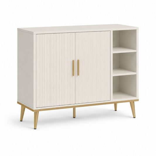 Credenza da sala da pranzo bianca in truciolare e MDF scanalato 100 x 40 x 90 cm con 2 ante e ripiani aperti