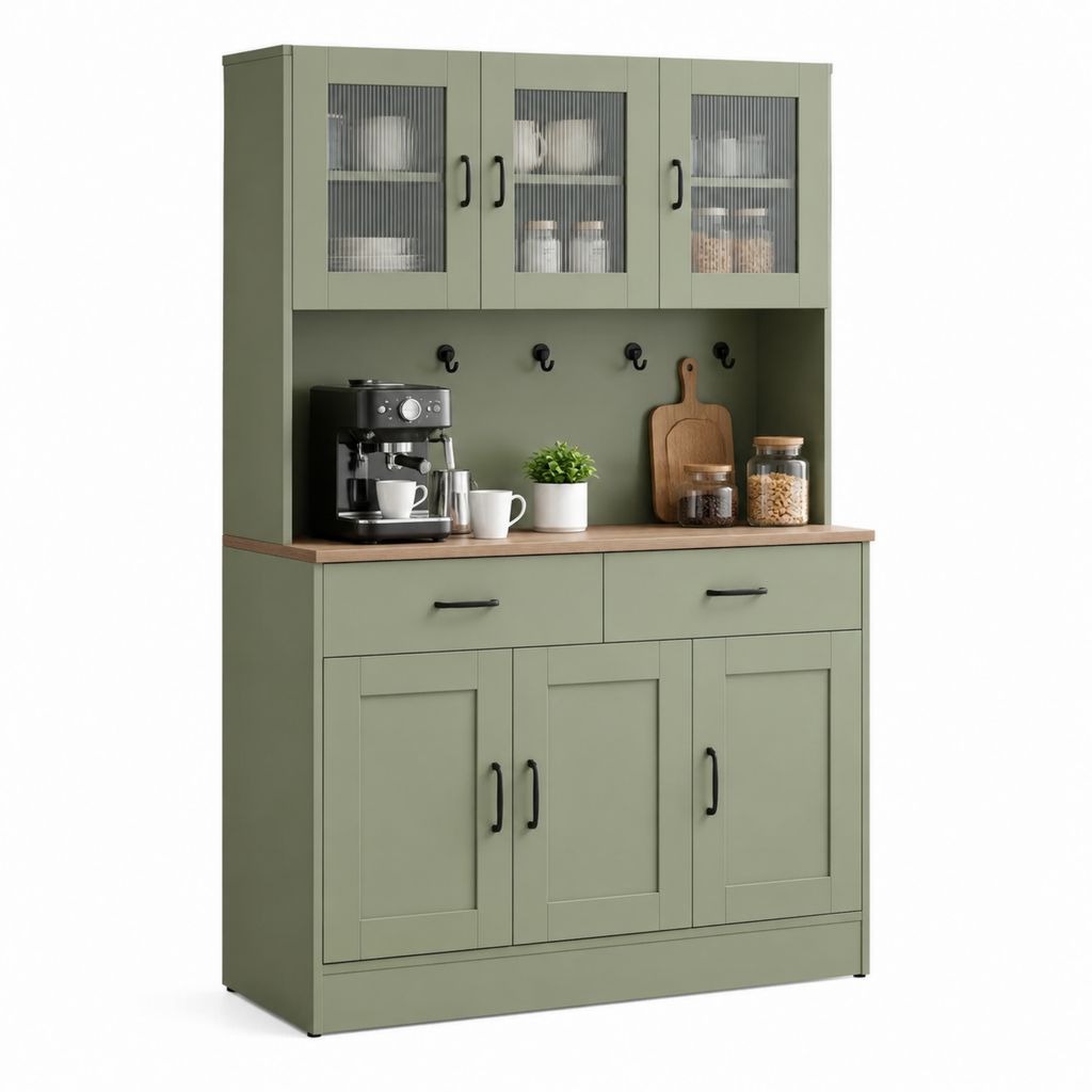Credenza da cucina verde salvia in MDF con ante in vetro rigato 120 x 40 x 190 cm