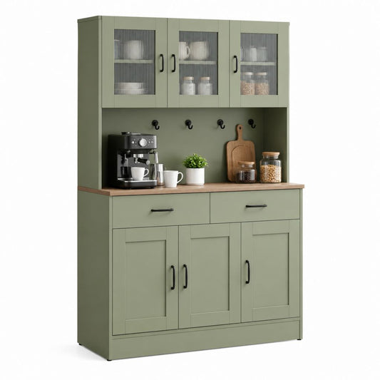 Credenza da cucina verde salvia in MDF con ante in vetro rigato 120 x 40 x 190 cm