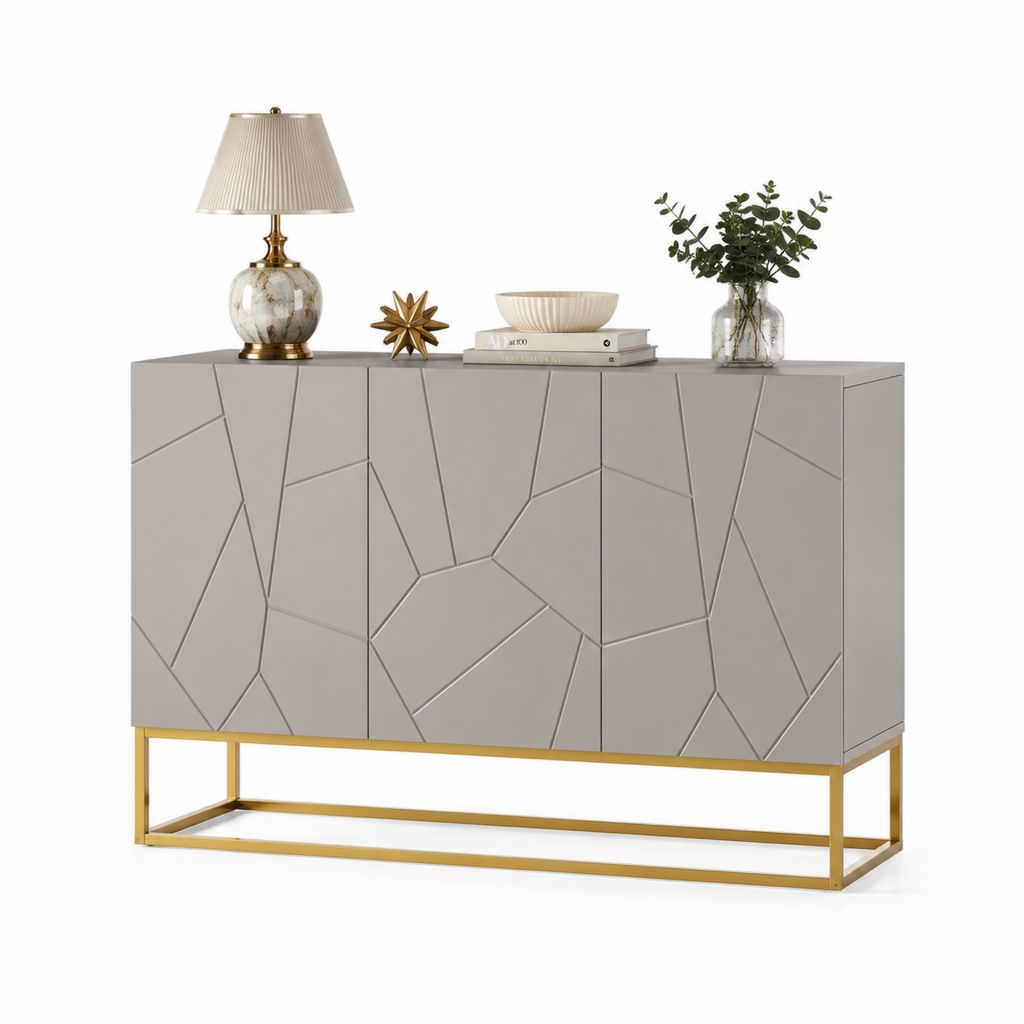 Credenza 4 ante grigio tortora in MDF con base in acciaio dorato 160 x 40 x 85 cm