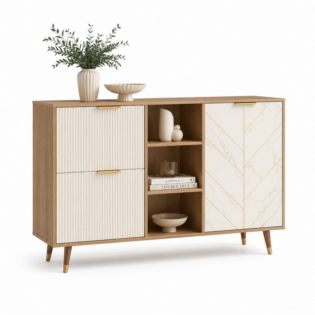 Credenza da pranzo rettangolare in MDF rovere bianco e oro 160 x 40 x 85 cm
