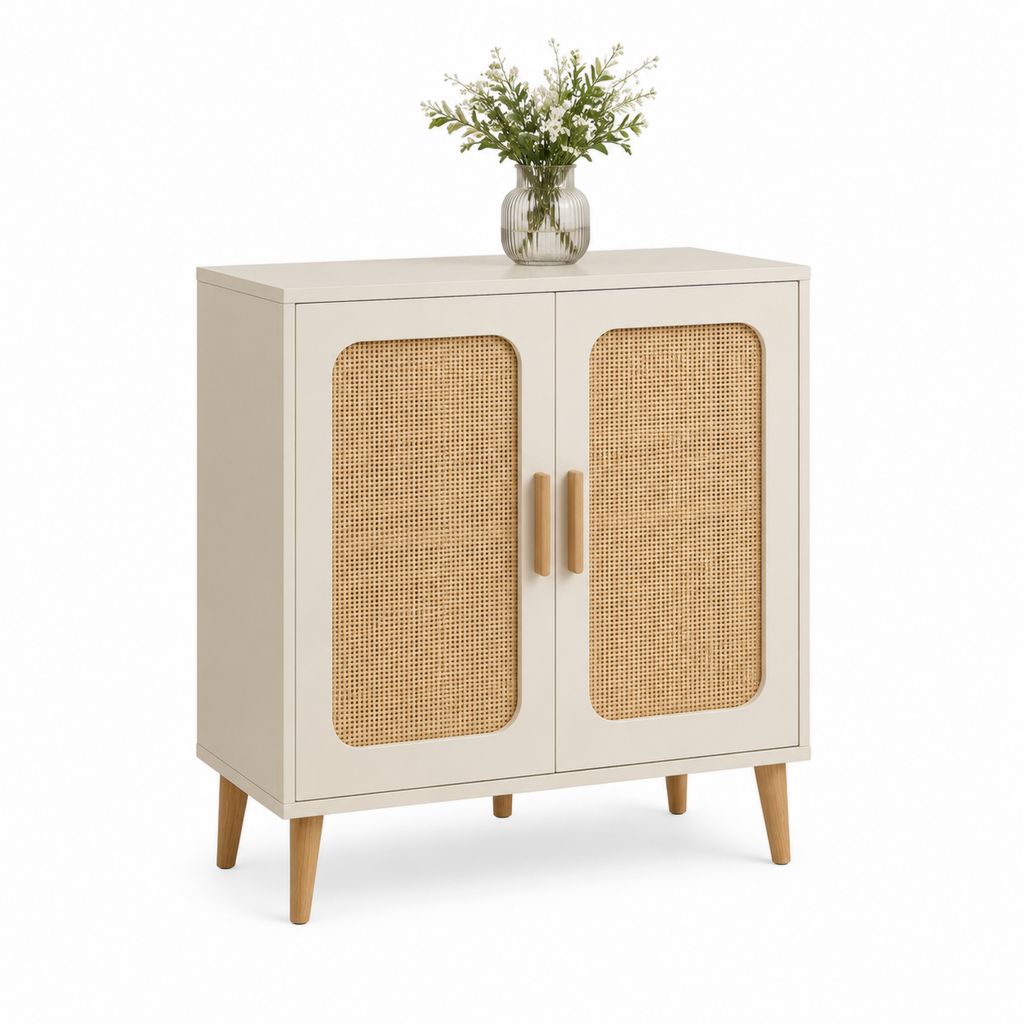 Credenza rettangolare a 2 ante avorio in MDF e rattan 80 x 40 x 90 cm