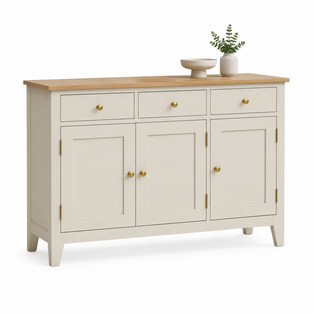 Credenza da sala da pranzo 3 ante 3 cassetti bianco avorio e rovere in MDF rettangolare 120 x 40 x 85 cm