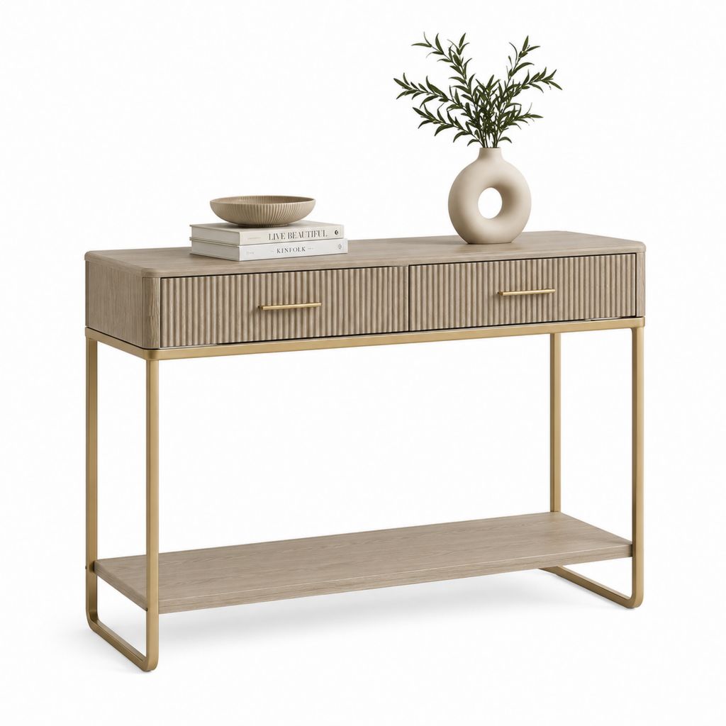 Consolle da ingresso con 2 cassetti rovere chiaro e acciaio dorato 120 x 40 x 80 cm