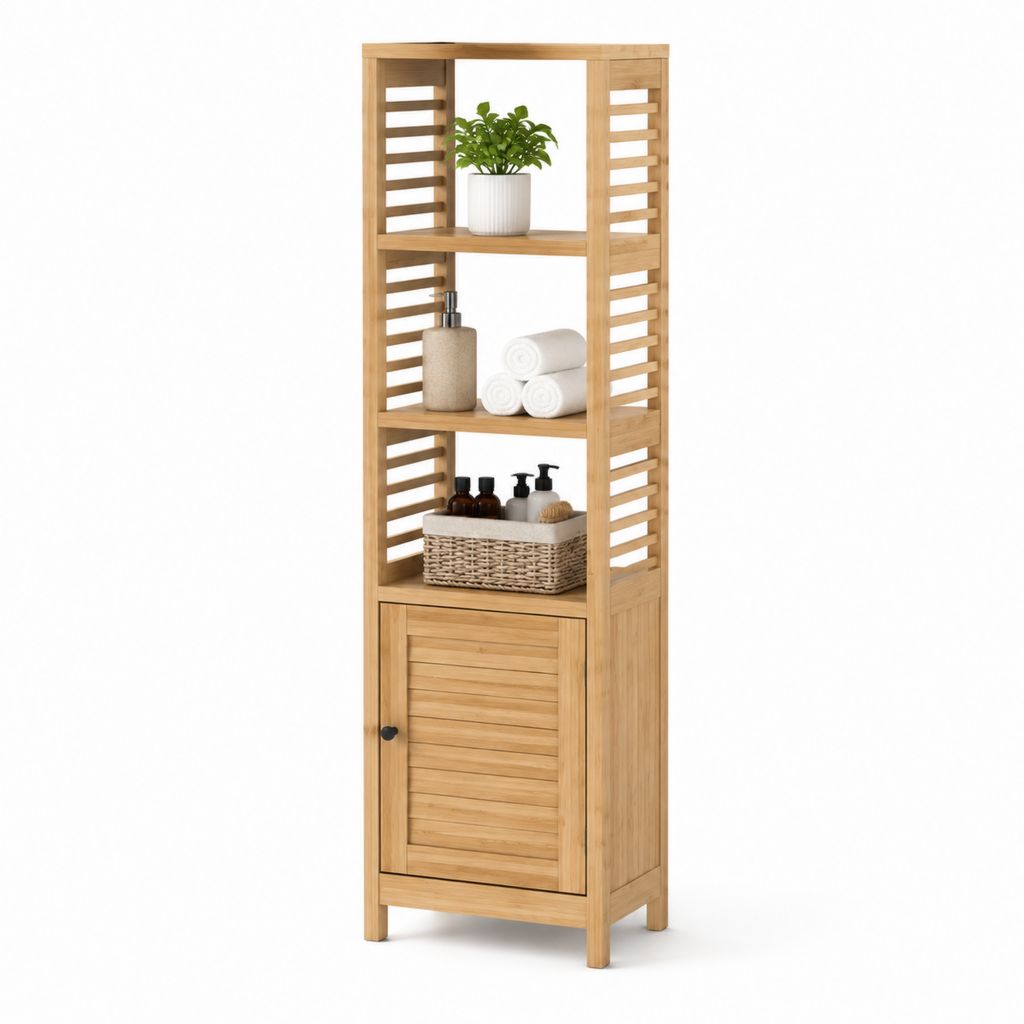 Colonna bagno con anta e 3 ripiani in bambù naturale 36 x 33 x 170 cm