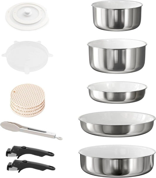 Ceramica Antiaderente Impilabile Set di pentole con coperchi, Acciaio inossidabile Set di pentole e padelle Induzione con manici staccabili, Adatto ai