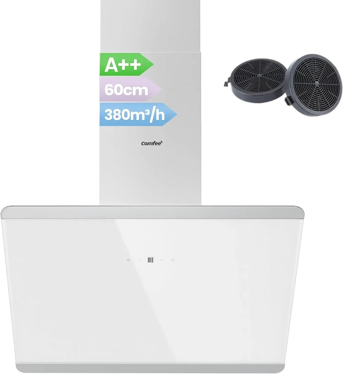 Cappa aspirante, 60 cm, 380 m³/h, cappa da cucina, COMFEE, touch, acciaio inox, bianco, 'CH60J64ET4A2W A++, flusso d'aria 380 m³/h, LED