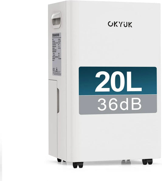 Deumidificatore, 5.5 L, OKYUK 20L/Giorno 24H, ampio serbatoio, bianco, 60 m²con spegnimento automatico Timing, 10 anni, 1 anno, serbatoio d'acqua