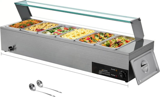 VEVOR per Ristoranti, Scaldavivande Commerciale, Scaldavivande Elettrico in Acciaio Inox da 1500 W con Coperchio in Vetro, Bagnomaria da Banco a 6