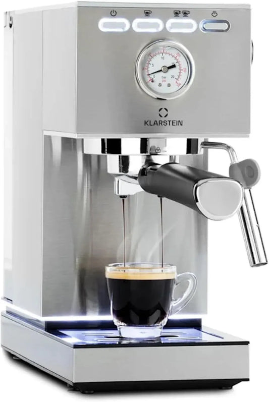 Klarstein espresso maker, macchina da caffè elettrica, 1,4 L, 1350 W, 9 bar, ampio serbatoio, acciaio inox, argento