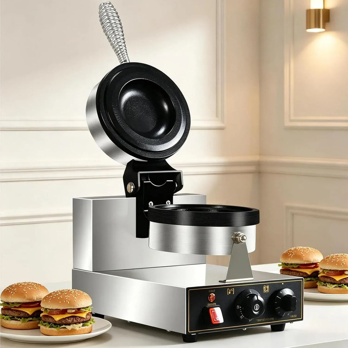 Macchina per hamburger, ristorazione, rivestimento antiaderente, acciaio inox, funzione riscaldante, per hamburger e gelato