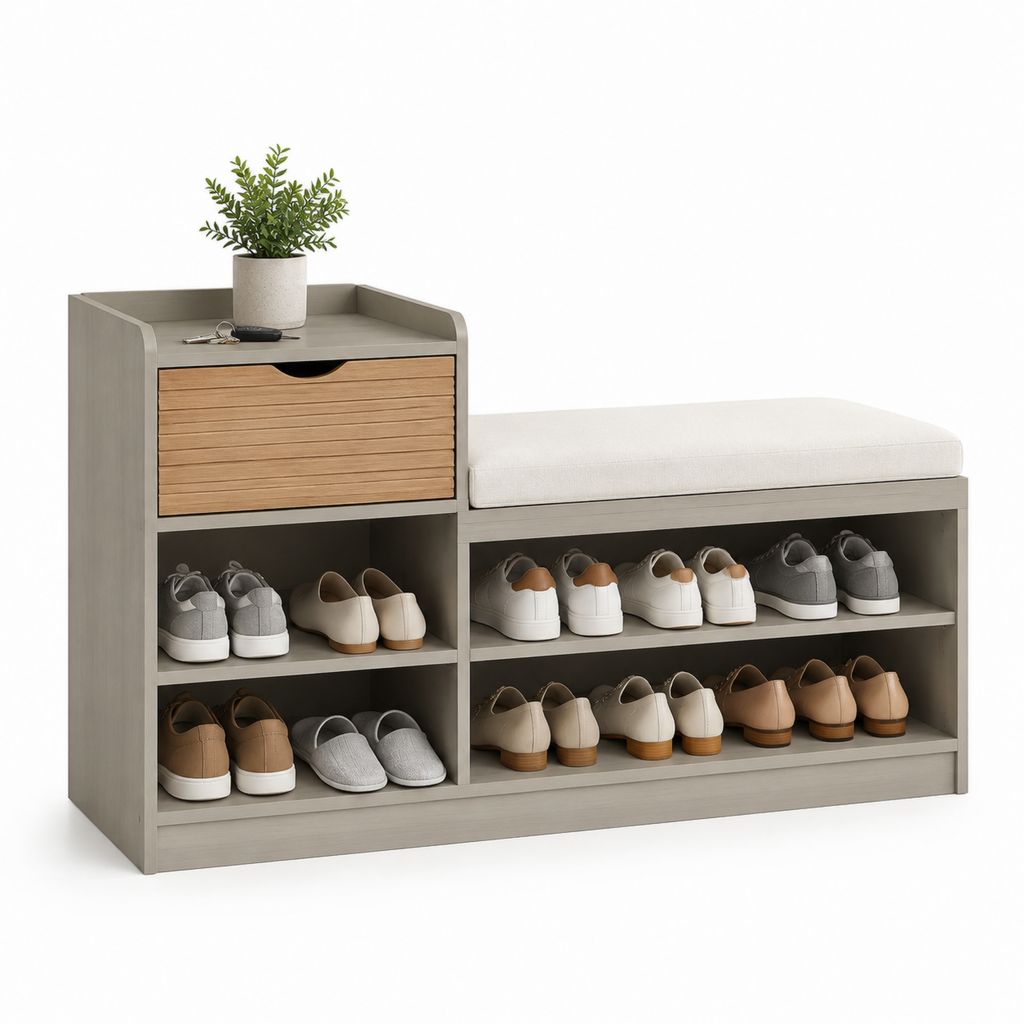 Panca scarpiera rettangolare grigio rovere in MDF con cuscino in poliestere 100 x 35 x 60 cm