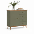 Credenza 1 anta e 4 cassetti verde oliva in MDF con gambe in legno massello 110 x 40 x 90 cm