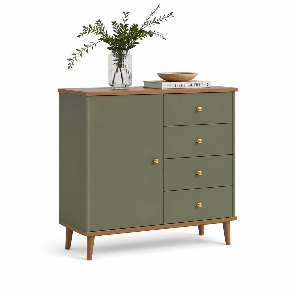 Credenza 1 anta e 4 cassetti verde oliva in MDF con gambe in legno massello 110 x 40 x 90 cm