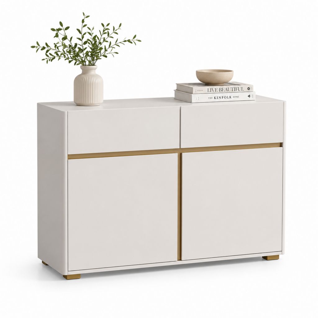 Credenza 2 ante 2 cassetti bianco avorio in MDF melaminico con dettagli oro 120 x 40 x 90 cm