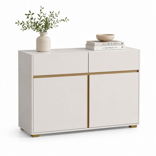 Credenza 2 ante 2 cassetti bianco avorio in MDF melaminico con dettagli oro 120 x 40 x 90 cm