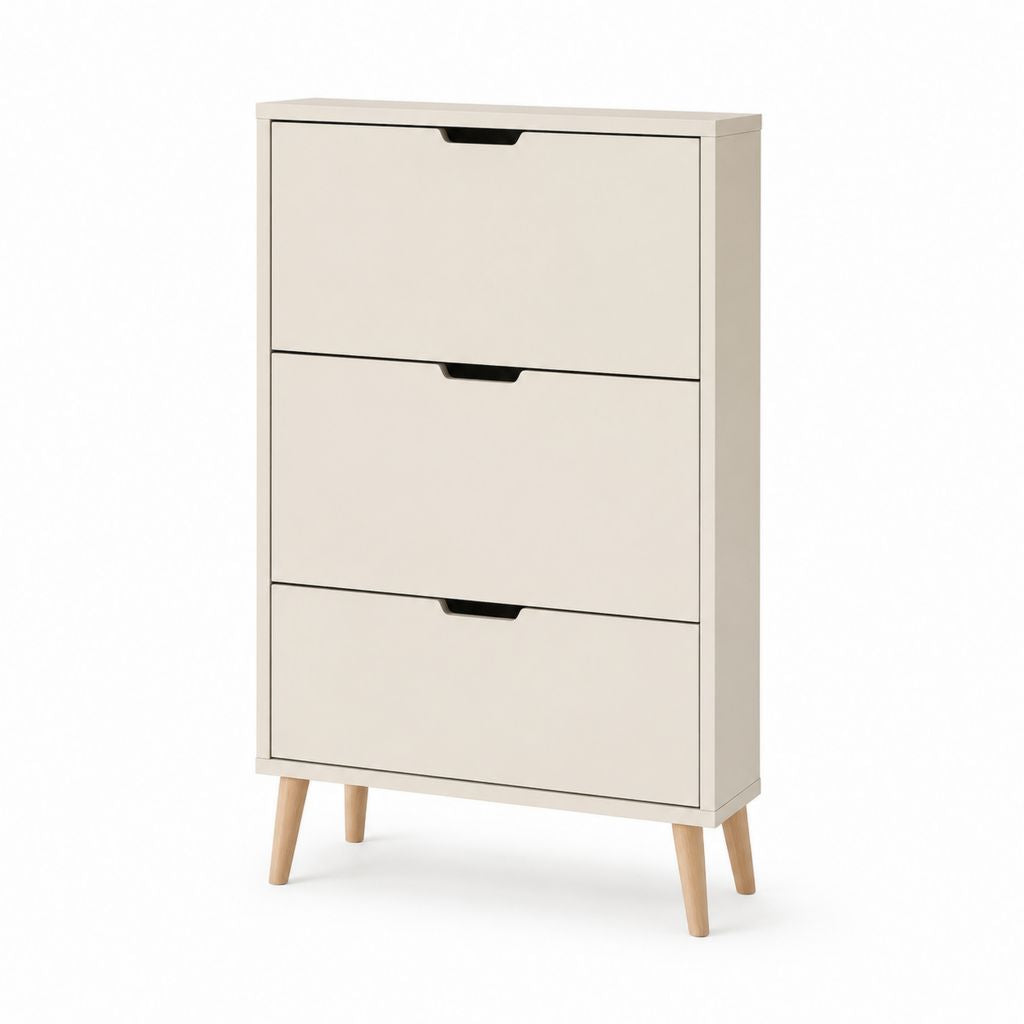Scarpiera a 3 ante a ribalta color crema in MDF e legno di pino 60 x 24 x 120 cm
