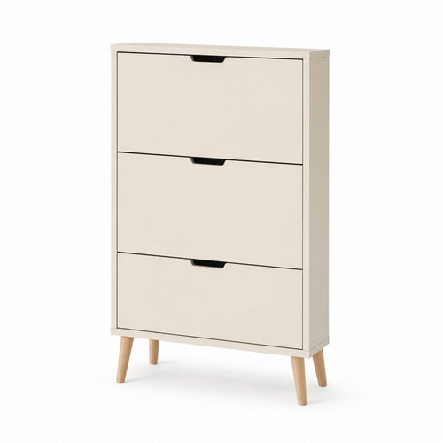 Scarpiera a 3 ante a ribalta color crema in MDF e legno di pino 60 x 24 x 120 cm