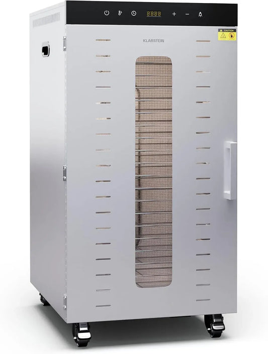 Klarstein 24h Asciugatrice, 2000 W, 30 a 90 °C, 55 dB, timer, acciaio inox, argento, 20 Ripiani Inox, Silenzioso 50-55 dB, 3 Ventole