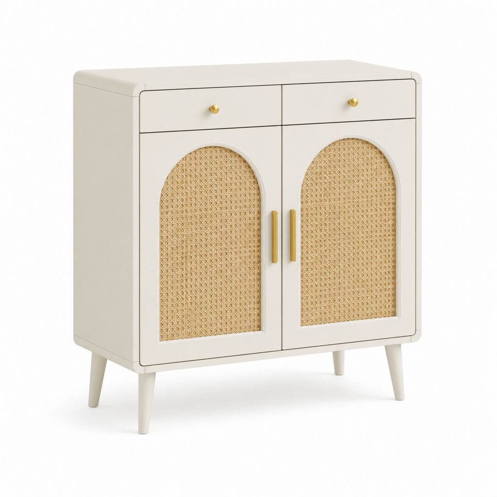 Credenza 2 ante con cassetti bianco avorio in MDF e rattan naturale 80 x 40 x 90 cm