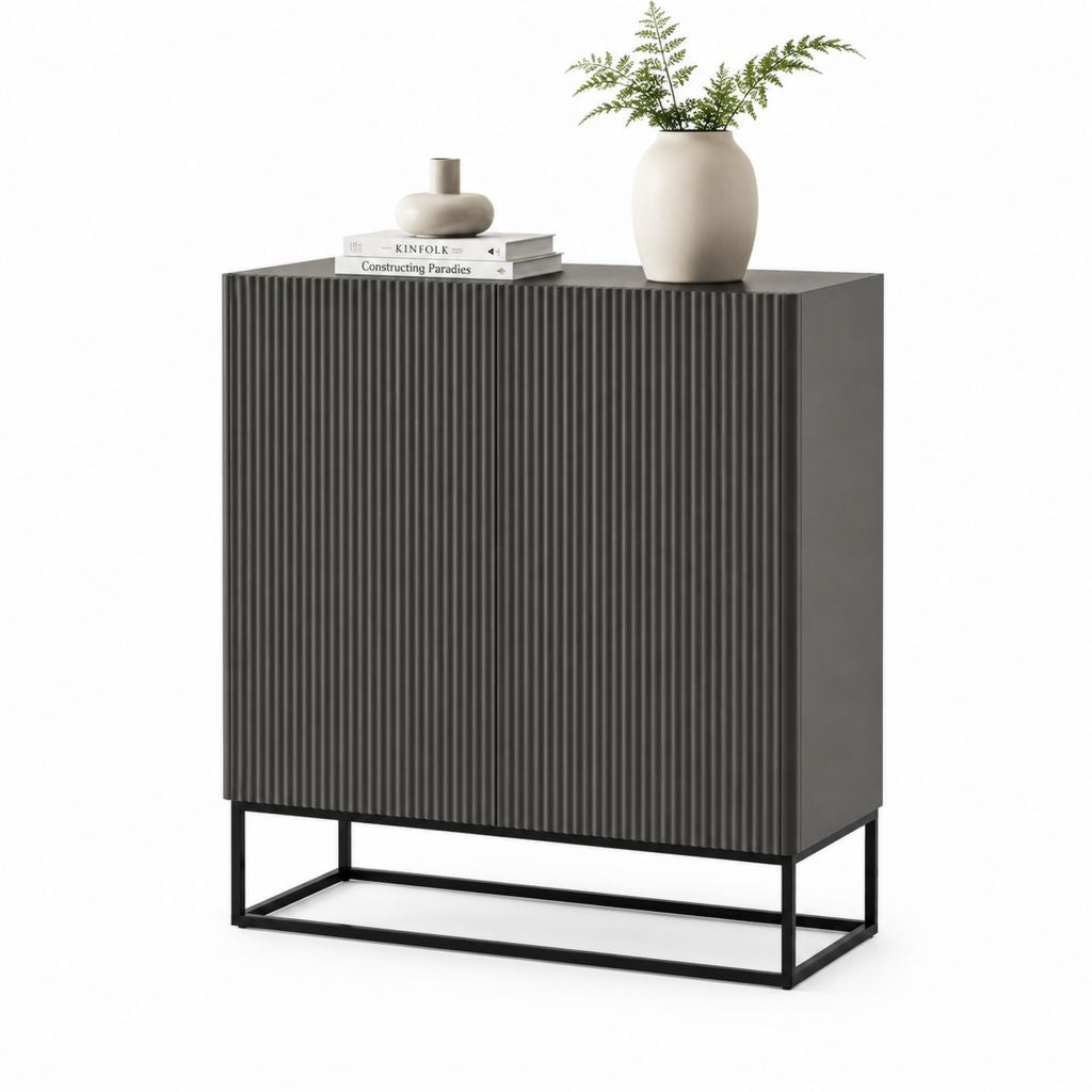Credenza da sala da pranzo grigio antracite in MDF scanalato con struttura in acciaio 100 x 40 x 120 cm