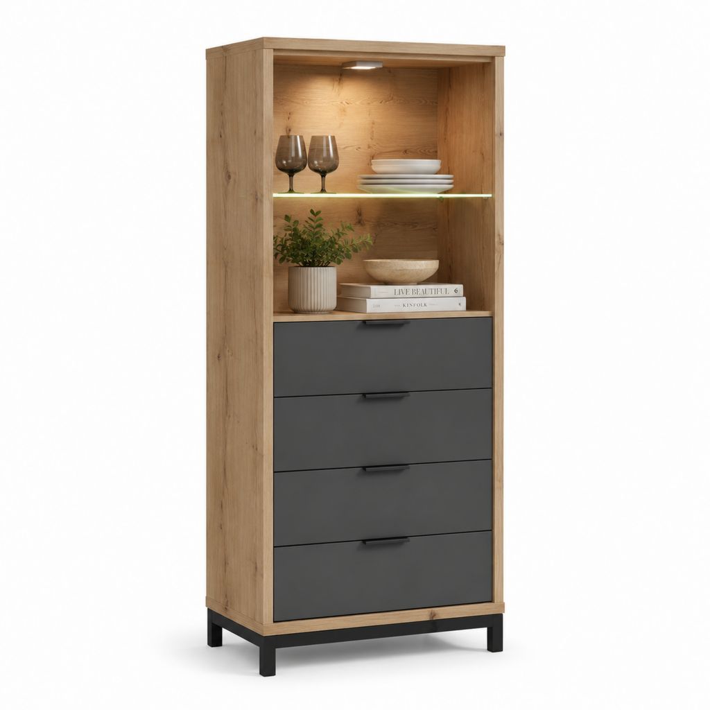 Vetrina alta con 4 cassetti rovere e antracite in pannello truciolare 80 x 40 x 190 cm
