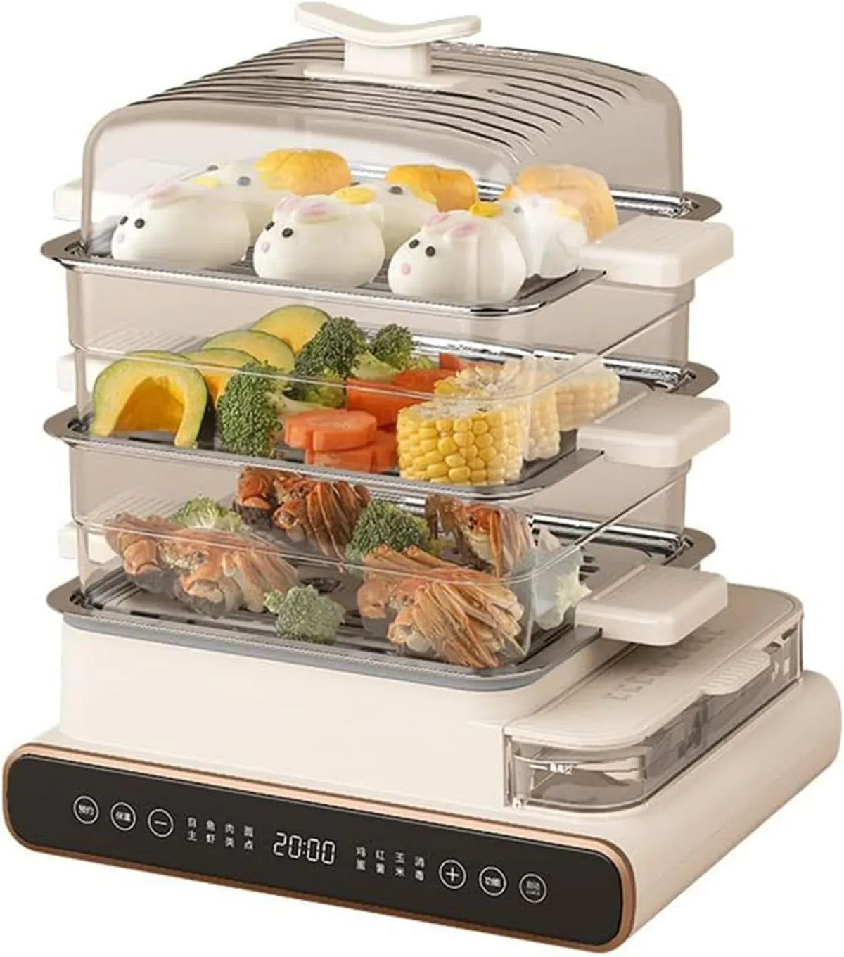 Vaporiera elettrica per alimenti, per verdure, design impilabile a 3 livelli con circolazione del vapore a 360°, timer digitale e funzione di