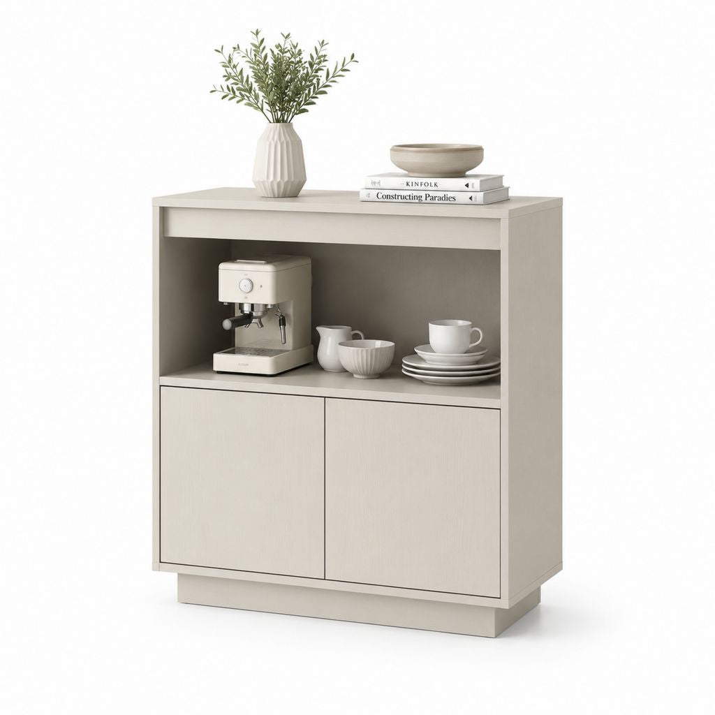 Credenza da sala da pranzo beige chiaro in pannello truciolare rettangolare con 2 ante e vano a giorno 100 x 40 x 100 cm