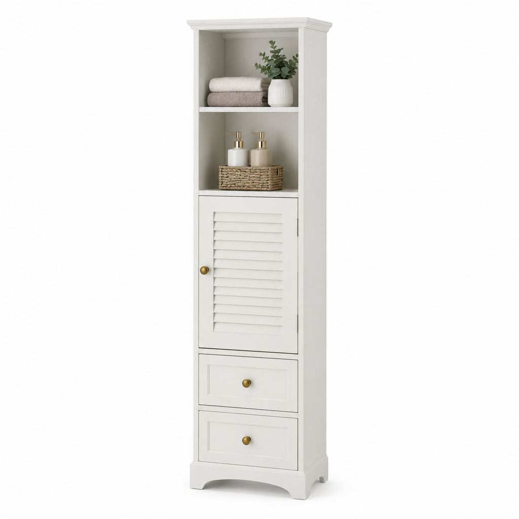Colonna bagno bianca in MDF con anta a persiana 2 cassetti e ripiani 40 x 30 x 170 cm