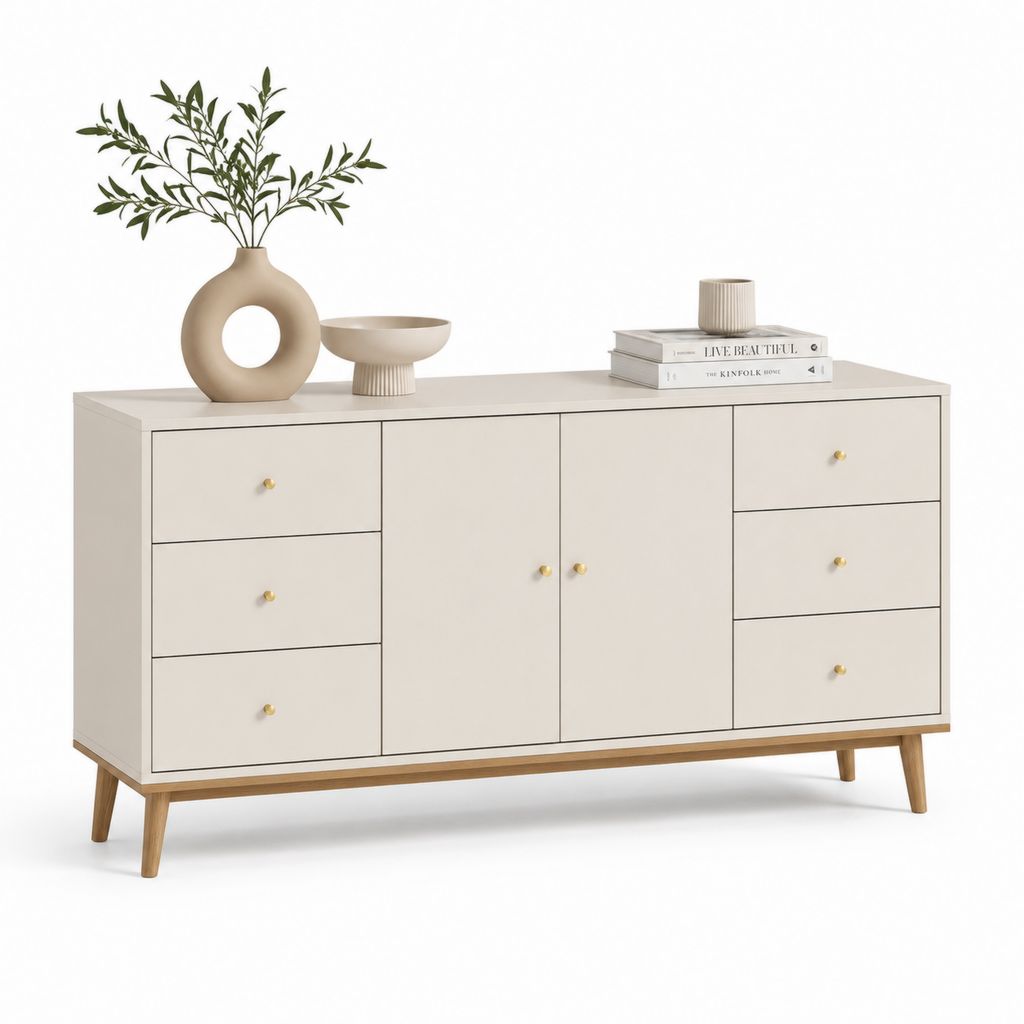 Credenza soggiorno bianco crema in MDF con 6 cassetti e 2 ante 160 x 40 x 85 cm