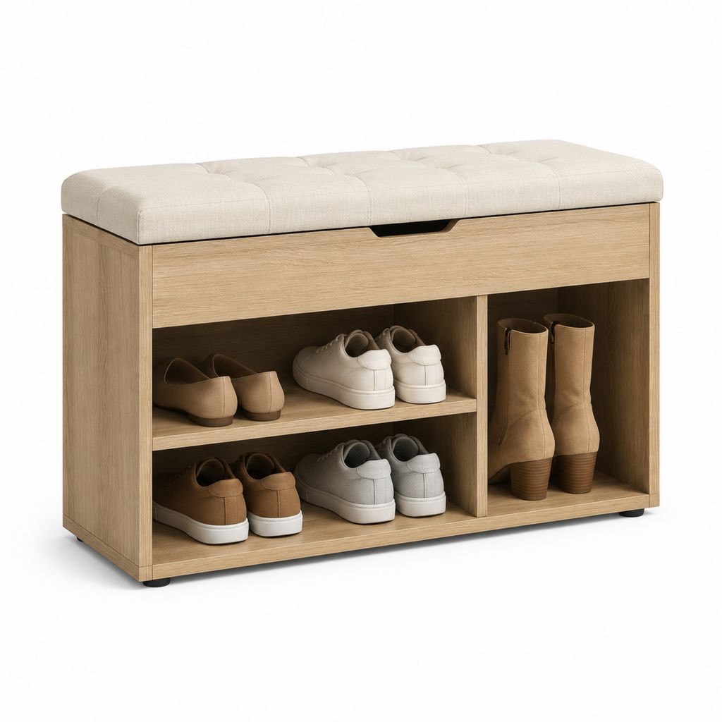 Scarpiera con panca imbottita beige in truciolare melaminico effetto rovere rettangolare 100 x 35 x 55 cm