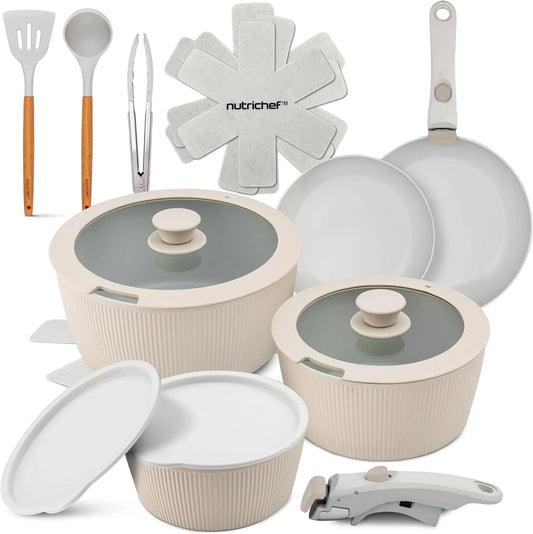 Forno elettrico, Antiaderenti senza PTFE, forno da cucina, NutriChef Set Pentole e Padelle in Ceramica 18 Pezzi con Manici Removibili