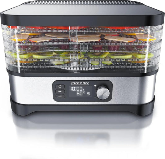 Asciugatrice, 400 W, timer, acciaio inox, timer fino a 24 h, 35-70 gradi, disidratatore in acciaio inox per alimenti, 5 scomparti