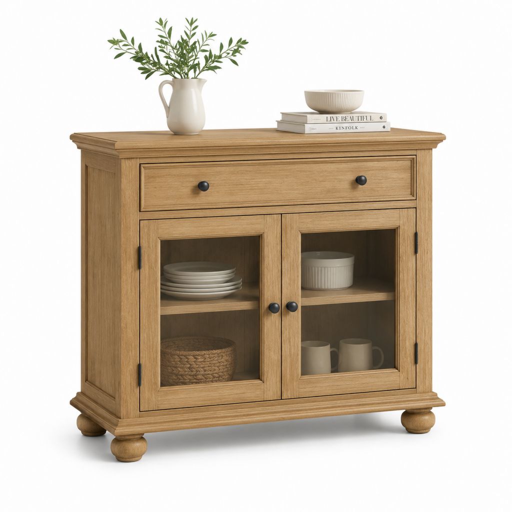 Credenza da sala da pranzo con vetrina rovere naturale in MDF impiallacciato 100 x 45 x 95 cm